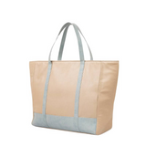 Classic Light Blue and Beige Synthetic Leather Tote Bag for Women