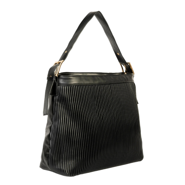 Elegant Black Rexine Textured Pleated Tote Bag for Women