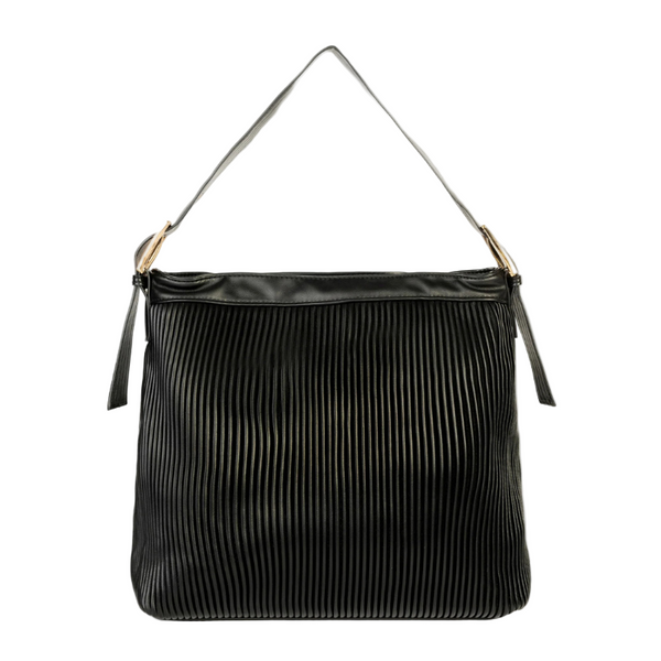Elegant Black Rexine Textured Pleated Tote Bag for Women