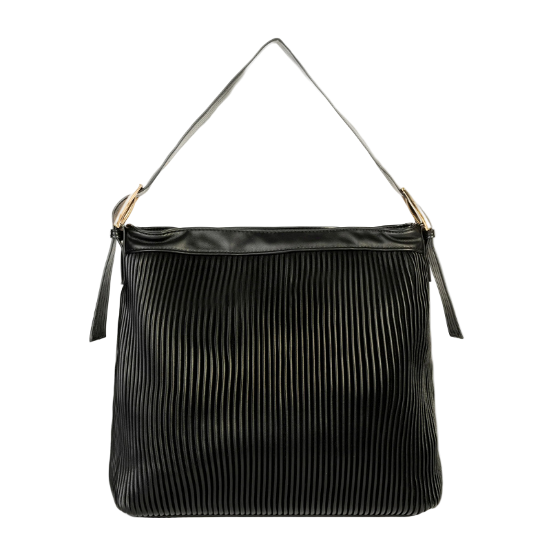 Elegant Black Rexine Textured Pleated Tote Bag for Women