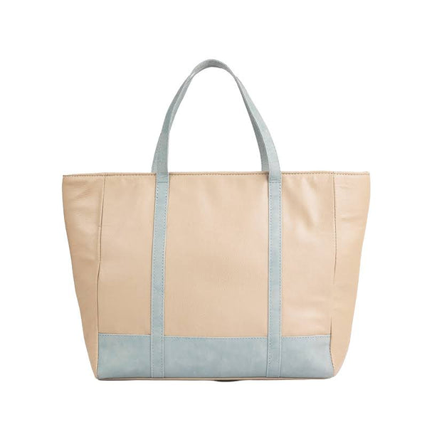 Classic Light Blue and Beige Synthetic Leather Tote Bag for Women