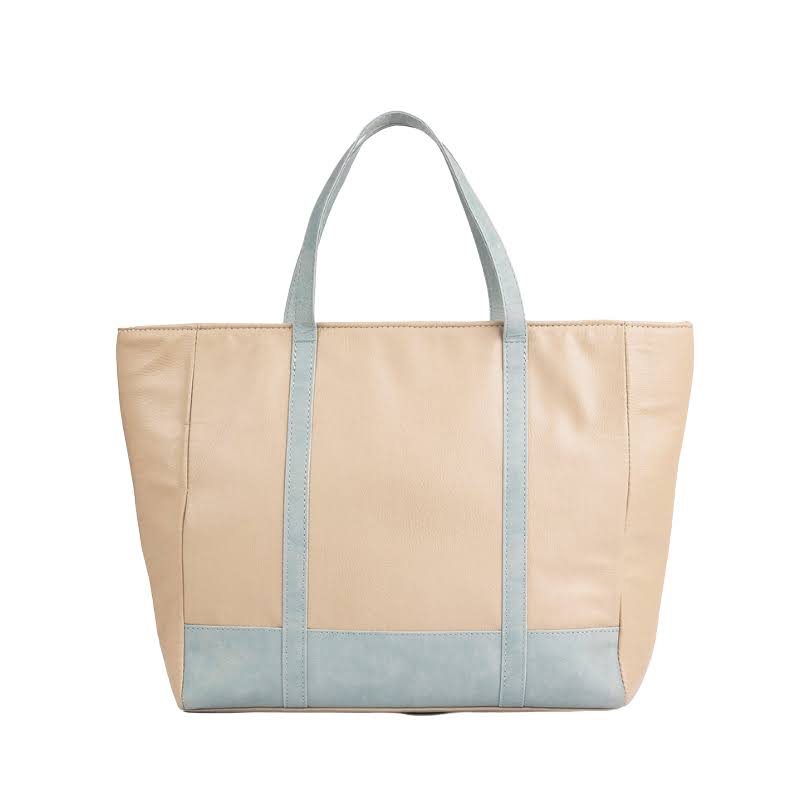Classic Light Blue and Beige Synthetic Leather Tote Bag for Women