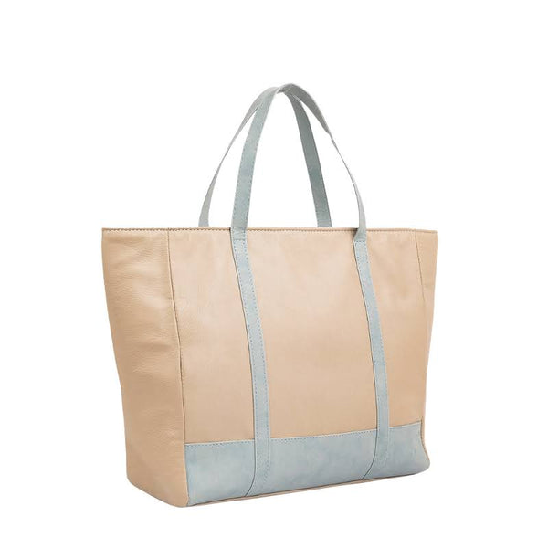 Classic Light Blue and Beige Synthetic Leather Tote Bag for Women