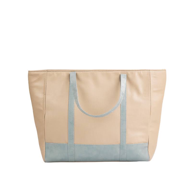 Classic Light Blue and Beige Synthetic Leather Tote Bag for Women